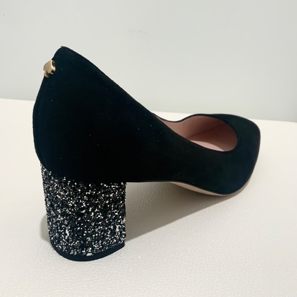 KATE SPADE Anastasia Block Heel Pump Black Suede Leather Dress Shoe Glitter Heel - Picture 9 of 9